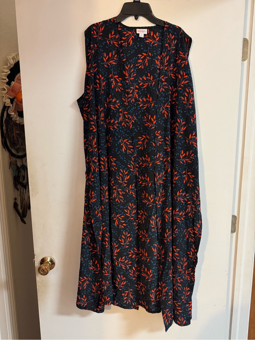 LuLaRoe Long Sleeveless Shawl Black with Orange and Blue Leaf Print